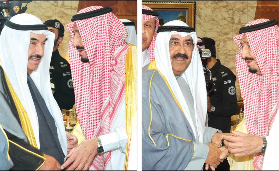 خادم الحرمين الشريفين الملك سلمان بن عبدالعزيز يتلقى التعازي من الشيخ مشعل الأحمد ممثل صاحب السمو ومن سمو الشيخ ناصر المحمد في وفاة الأمير تركي بن عبدالعزيز