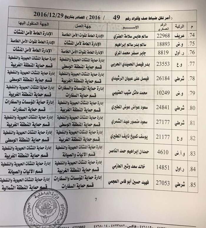الفهد يصدر حركة تنقلات بين ضباط صف في قطاعات أمنية