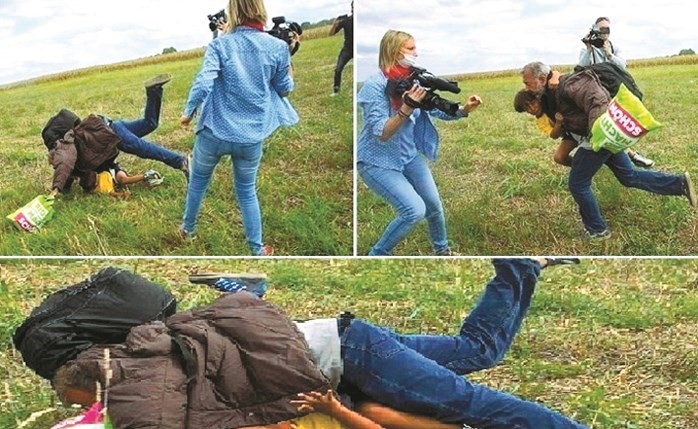 صورة مركبة للمصورة المجرية وهي تعرقل المهاجر السوري وطفله﻿