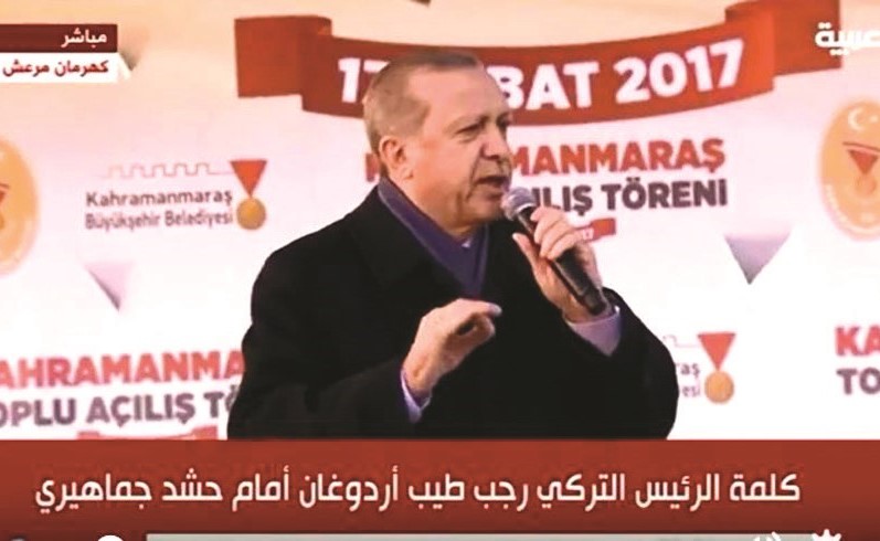 لقطة تلفزيونية للرئيس التركي رجب طيب أردوغان أثناء القائه كلمة عن التعديلات الدستورية في اسطنبول امس	( الاناضول)﻿