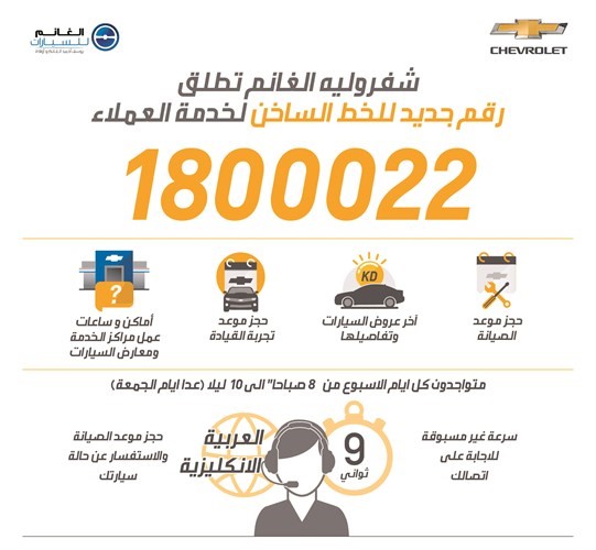 «شفروليه الغانم» تطلق رقماً جديداً لخدمة العملاء 1800022