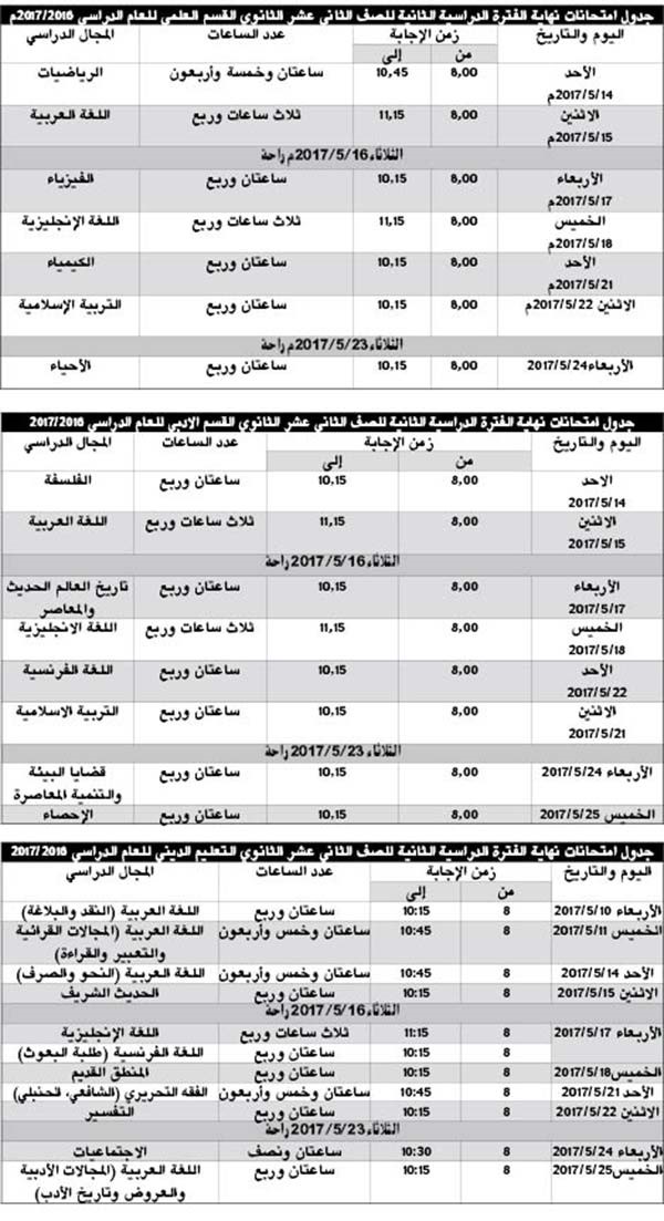 «الأنباء» تنشر جداول اختبارات نهاية العام للمرحلة الثانوية والمعهد الديني