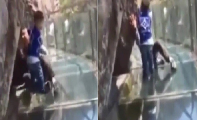 فيديو طريف.. الأب يجلس مرعوباً وطفله يجره على جسر زجاجي بالصين