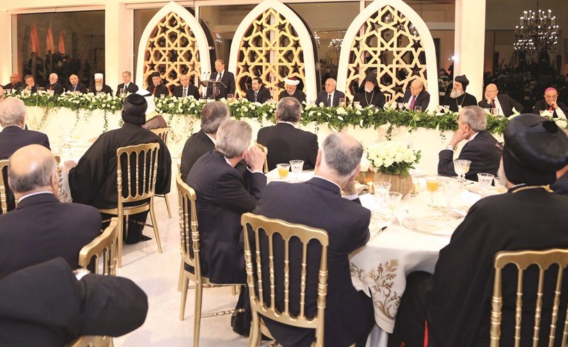 الرئيس ميشال عون خلال حفل الإفطار الذي أقيم في بعبدا بحضور الرئيس نبيه بري والرئيس سعد الحريري وشخصيات رسمية ودينية	(محمود الطويل)﻿