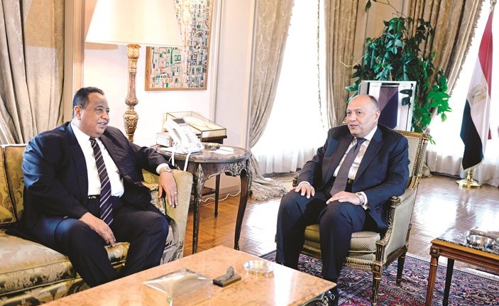 سامح شكرى مستقبلا نظيره السودانى إبراهيم الغندور	(رويترز)﻿
