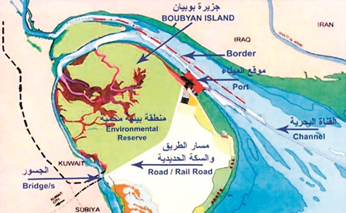 رسم توضيحي لمشروع ميناء مبارك الكبير بجزيرة بوبيان﻿