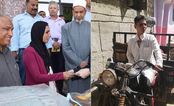 لقطة تظهر بهية علي سليمان أثناء التنقل في زي رجل للعمل وخلال تسلمها لمساعدة محافظ بني سويف﻿