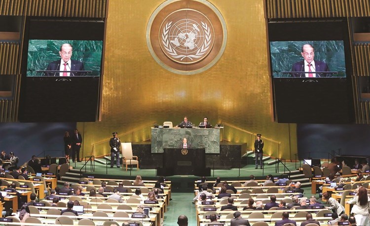 الرئيس اللبناني ميشال عون متحدثا في الأمم المتحدة	 (ا.ب) ﻿