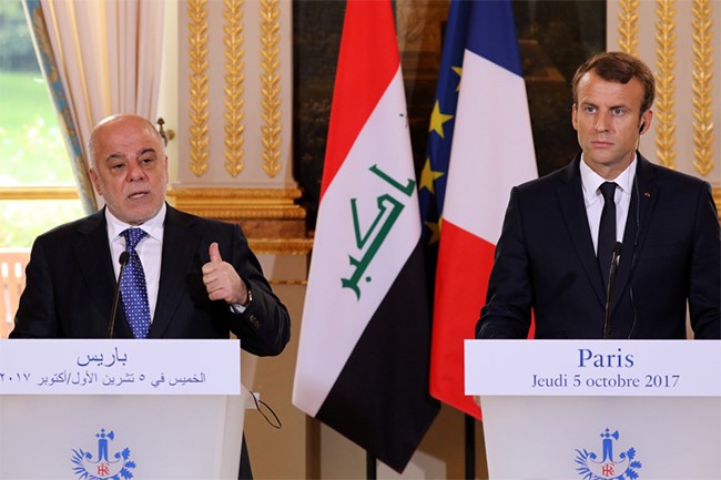 جانب من المؤتمر الصحفي للرئيس الفرنسي ورئيس الوزراء العراقي اليوم