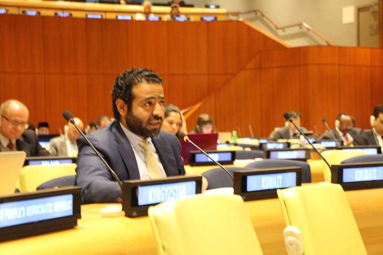 محمد العجمي اثناء القائه كلمة وفد دولة الكويت الدائم لدى الأمم المتحدة 