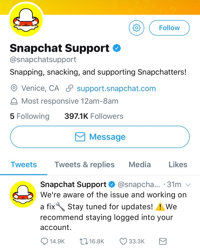 "سنابتشات" عبر "تويتر": يوجد عطل نعمل على معالجته