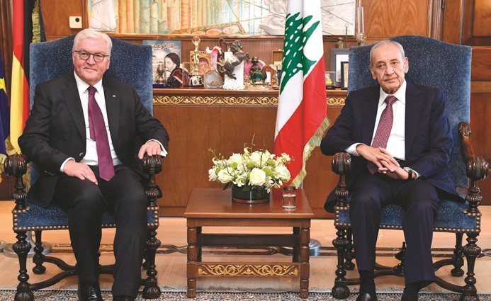 رئيس مجلس النواب نبيه بري خلال استقباله الرئيس الالمانيفرانك فالتر شتاينمايرفي عين التينة 	(محمود الطويل)﻿