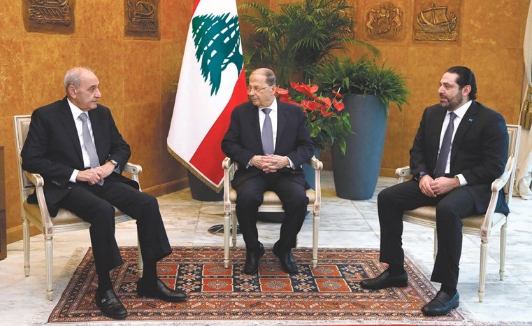 الرئيس العماد ميشال عون خلال لقائه رئيس مجلس النواب نبيه بري ورئيس مجلس الوزراء سعد الحريري في بعبدا	(محمود الطويل) ﻿