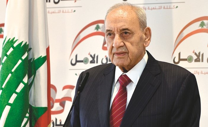 رئيس مجلس النواب نبيه بري خلال مؤتمره الصحافي في عين التينة معلنا اسماء مرشحي حركة امل للانتخابات النيابية-(محمود الطويل) ﻿
