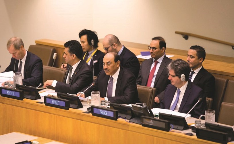 نائب رئيس مجلس الوزراء ووزير الخارجية الشيخ صباح الخالد خلال ترؤسه جلسة لمجلس الأمن الدولي حول الوضع في الغوطة الشرقية﻿