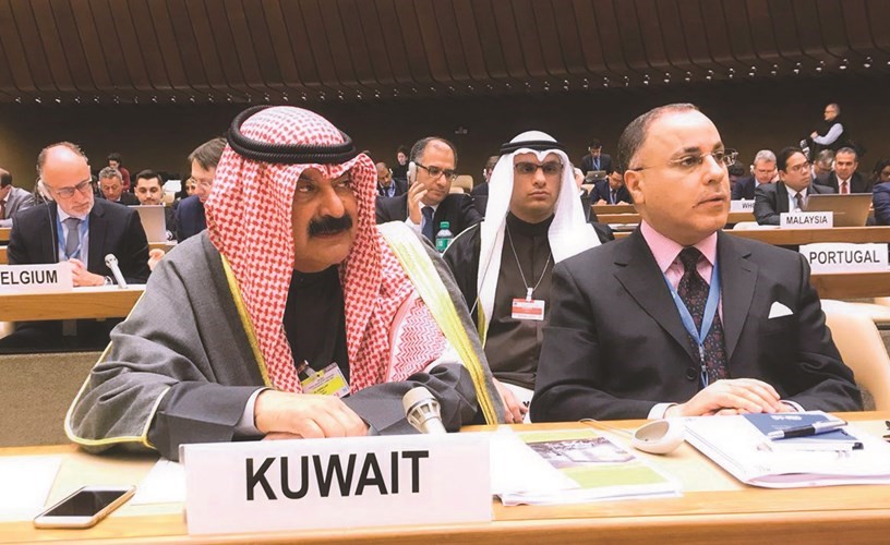 خالد الجارالله وجمال الغنيم خلال مؤتمر دعم اليمن في الأمم المتحدة ﻿