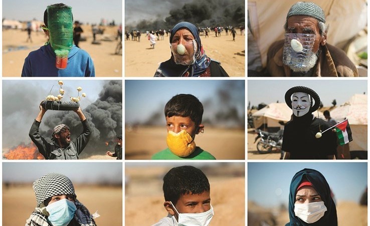 صورة مجمعة للاساليب التي ابتكرها الفلسطينيون في غزةللحد من اثار القنابل المسيلة للدموع التي يطلقها الاحتلال( رويترز) ﻿