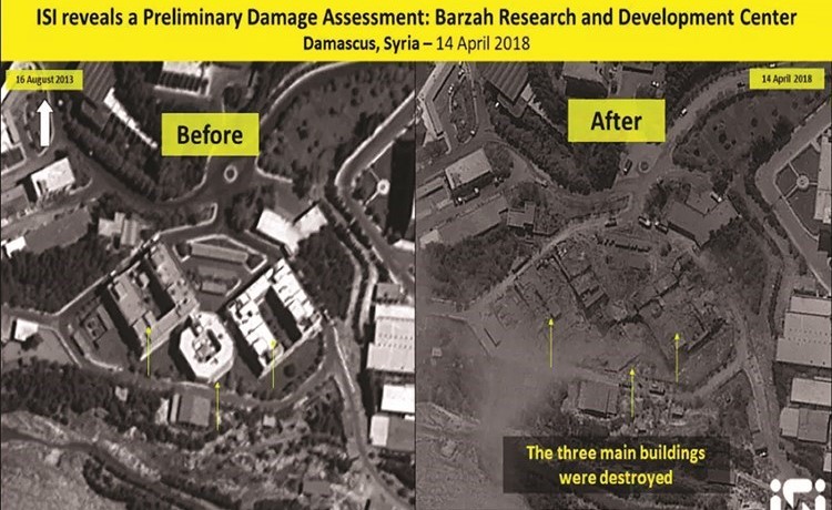 صورة للأقمار الصناعية تظهر مركز البحوث في برزة قبل وبعد الضربة ﻿