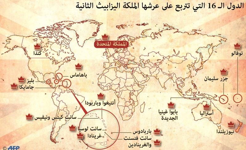 خريطة للعالم توضح الدول 16 التي تتربع ملكة بريطانيا على عرشها﻿