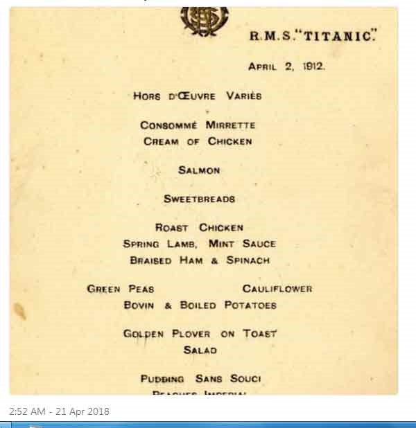 "العشاء الأول" على متن تيتانيك بـ 140 ألف $
