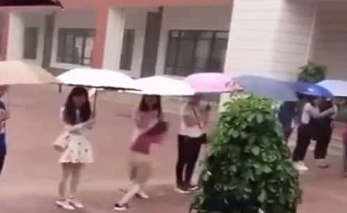 بالفيديو.. معلمون يقفون بمظلاتهم لينتقل الطلاب من مبنى لآخر