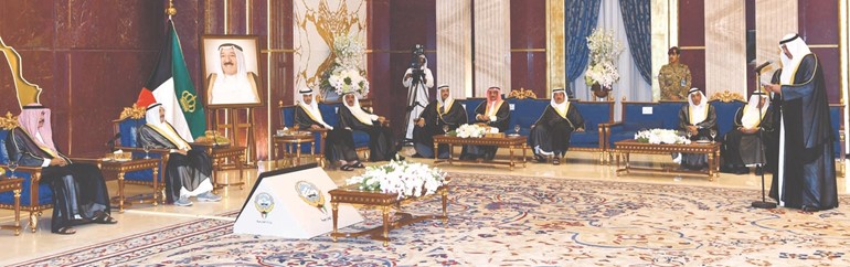 الشيخ صباح الخالد ملقيا كلمته أمام صاحب السمو وسمو ولي العهد والحضور﻿