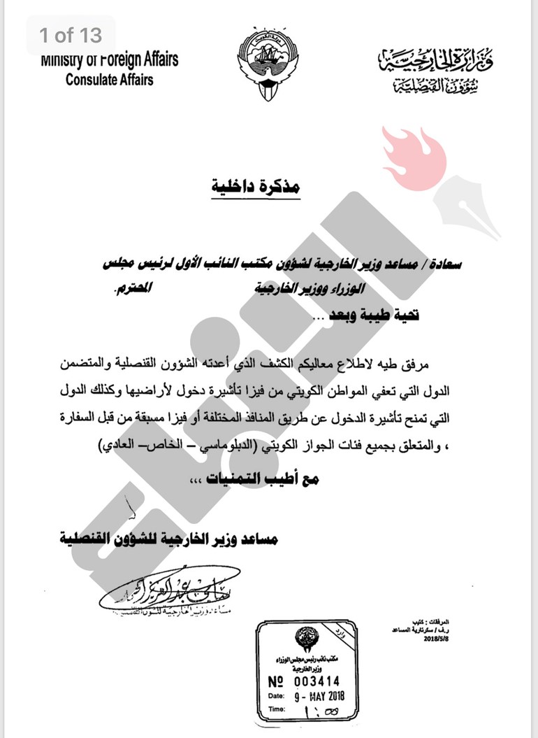 "الأنباء" تنشر كشفاَ رفعته الإدارة القنصلية الى وزير الخارجية بالدول التي تمنح المواطن الكويتي الفيزا وتلك التي يحتاج لدخولها الى تأشيرة