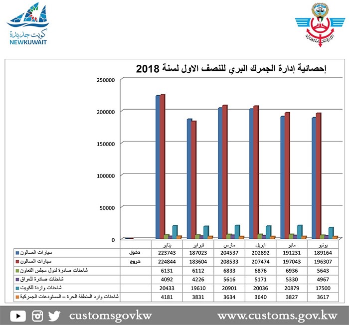 «الجمارك»: 2.6 مليون شاحنة وسيارة تنقلتعبر المنافد البرية خلال النصف الأول من 2018