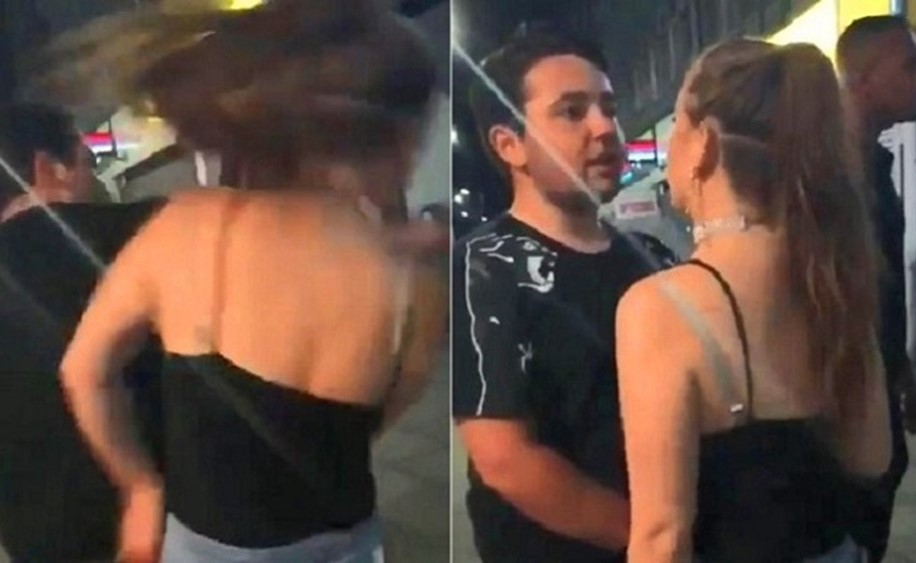 بالفيديو.. بعد صفع الفرنسية في باريس لندني يسقط فتاة أرضا بلكمتين