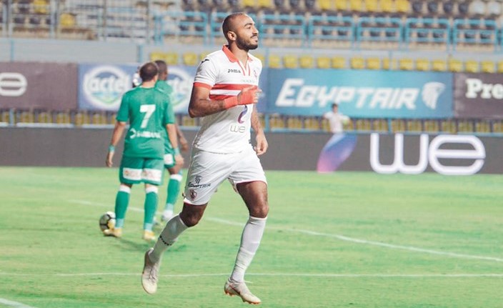 مهاجم الزمالك محمود عبدالمنعم كهربا يحتفل بهدفه في مرمى الاتحاد السكندري (موقع الزمالك)