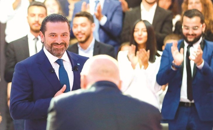رئيس الحكومة المكلف سعد الحريري خلال برنامج صار الوقت عبر قناة ام. تي. في. مع الاعلامي مارسيل غانم	(محمود الطويل)﻿