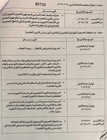 "التربية" تصدر قراراً بمواعيد دوام واختبارات مدارس "التربية" الخاصة للعام الدراسي 2019/2018