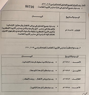 "التربية" تصدر قراراً بمواعيد دوام واختبارات مدارس "التربية" الخاصة للعام الدراسي 2019/2018