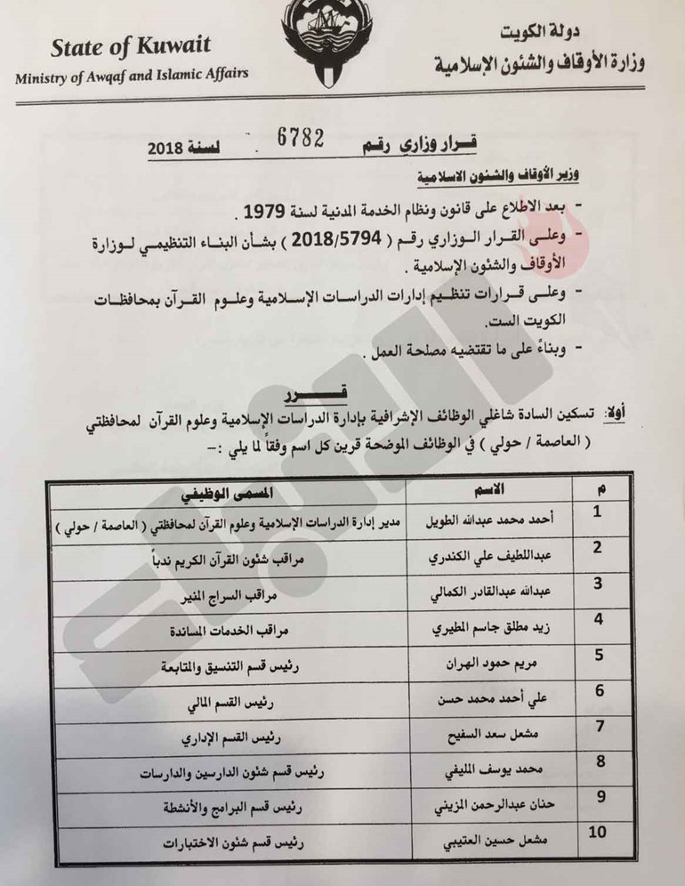 العفاسي أصدر قرارات بتسكين مديري ومراقبي وقياديي إدارات الهيكل الجديد لقطاع الدراسات وعلوم القرآن
