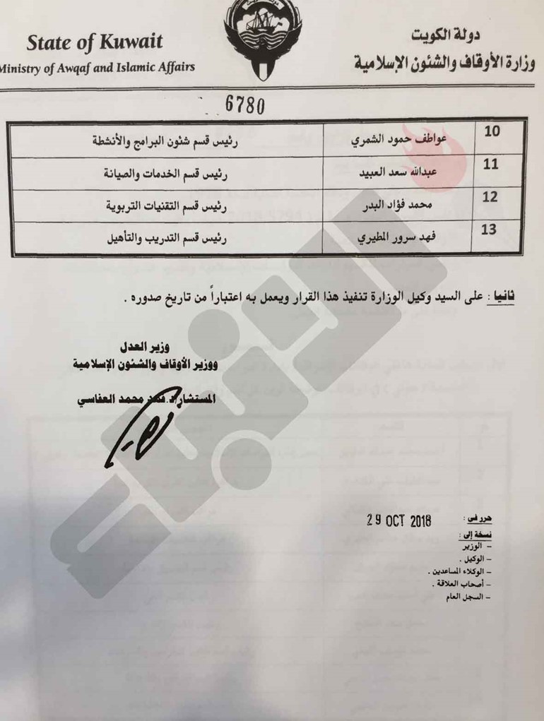 العفاسي أصدر قرارات بتسكين مديري ومراقبي وقياديي إدارات الهيكل الجديد لقطاع الدراسات وعلوم القرآن