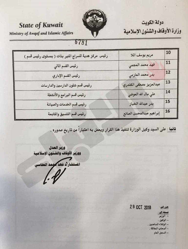 العفاسي أصدر قرارات بتسكين مديري ومراقبي وقياديي إدارات الهيكل الجديد لقطاع الدراسات وعلوم القرآن