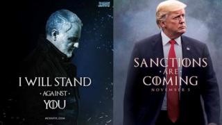 ترامب يتحدى إيران في ملصق مستوحى من المسلسل الأميركي "صراع العروش"..وسليماني يتوعد: "سأقف بوجهك"