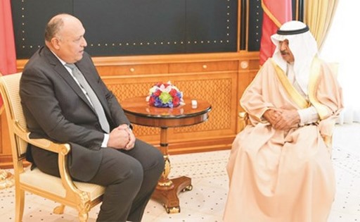 صاحب السمو الملكي الأمير خليفة بن سلمان رئيس الوزراء البحريني مستقبلا وزير الخارجية سامح شكري     (بنا)﻿