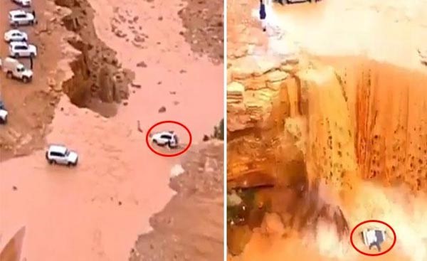 بالفيديو.. شاهد مافعله صاحب جيب لحظة سقوط سيارته من منحدر بمجرى السيول في السعودية