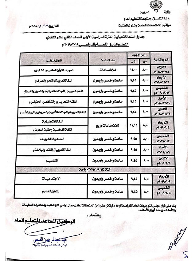 "التربية" تعتمد اختبارات الفترة الدراسية الاولى للثانوية العامة