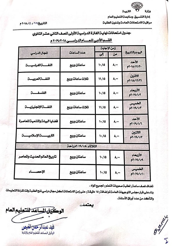 "التربية" تعتمد اختبارات الفترة الدراسية الاولى للثانوية العامة