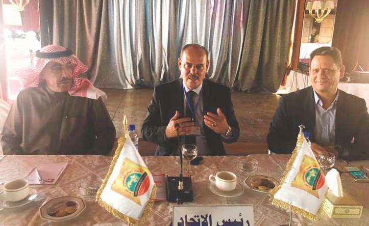 رئيس اتحاد الصحافيين العرب الزميل مؤيد اللامي ونائب رئيس الاتحاد الزميل عدنان الراشد خلال الاجتماع﻿