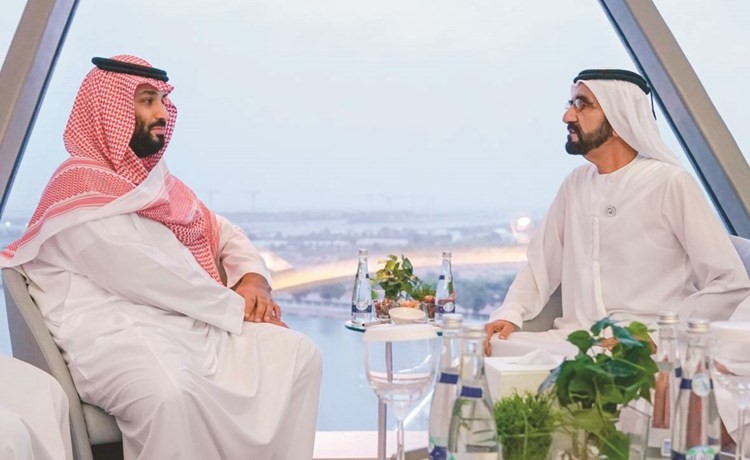 صاحب السمو الشيخ محمد بن راشد مستقبلا صاحب السمو الملكي الأمير محمد بن سلمان أمس	(وام) ﻿