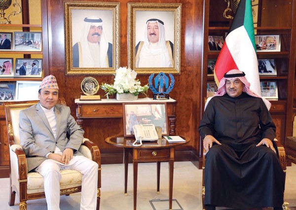 الشيخ صباح الخالد  خلال لقائه سفير نيبال ياجيا هامال بمناسبة انتهاء فترة عمله