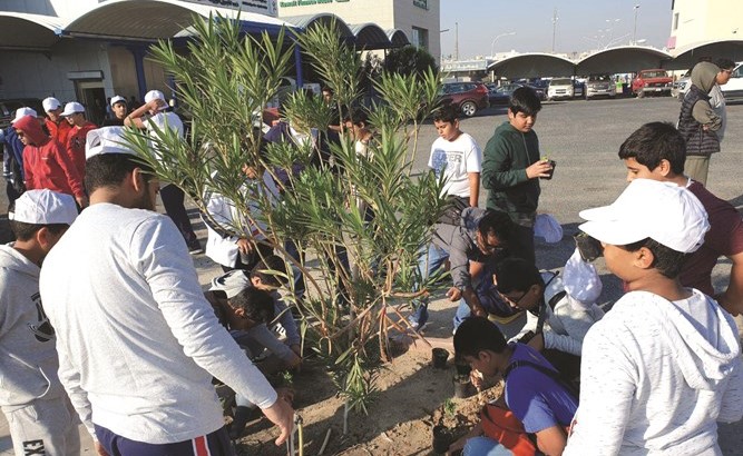 طلاب من المدرسة يقومون بغرس بعض الأشجار خلال المهرجان﻿