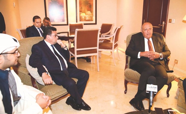  وزير الخارجية المصري سامح شكري والسفير طارق القوني خلال المؤتمر﻿ (زين علام)