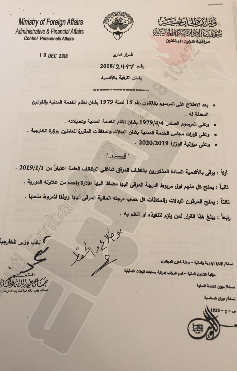 "الأنباء" تنشر أسماء 45 موظفا تم ترقيتهم بالأقدمية في وزارة الخارجية