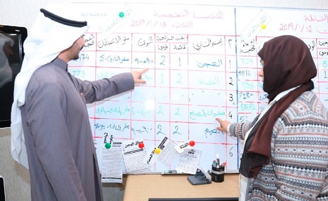 د. صقر الملا وسعاد حاكم خلال متابعتهما للترتيبات الأخيرة قبل الانتخابات﻿