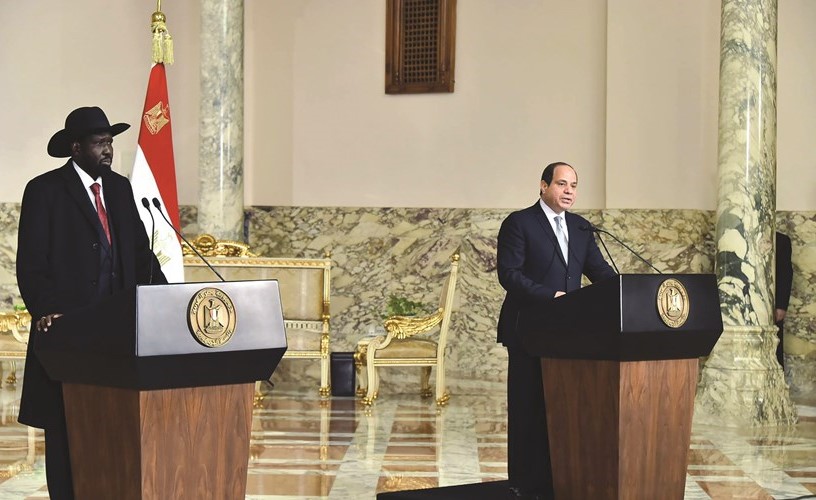 الرئيس عبدالفتاح السيسي متحدثا خلال المؤتمر الصحافي المشترك مع رئيس جنوب السودان سيلفا كير ﻿