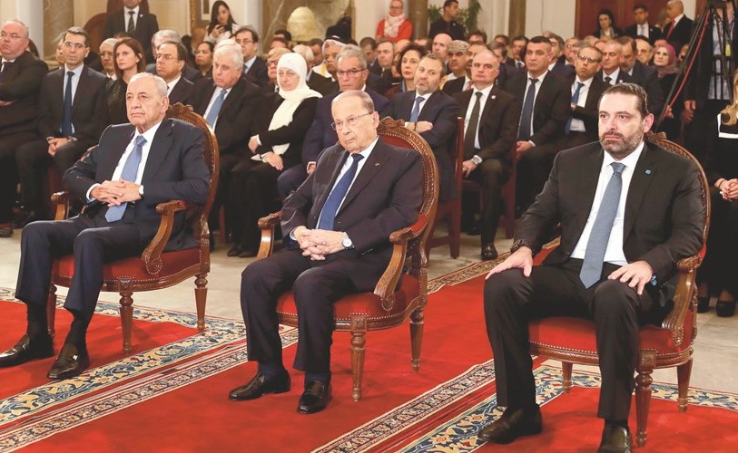 الرؤساء ميشال عون ونبيه بري وسعد الحريري خلال مشاركتهم في قداس عيد مار مارون في الجميزة امس 	(محمود الطويل) ﻿